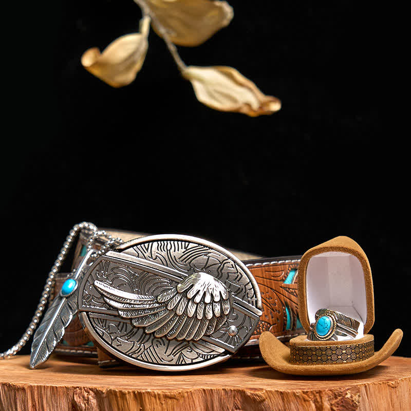 Angle Wing DIY Hidden Knife Belt Buckle Turquoise Feather Necklace Ring Bundle Set