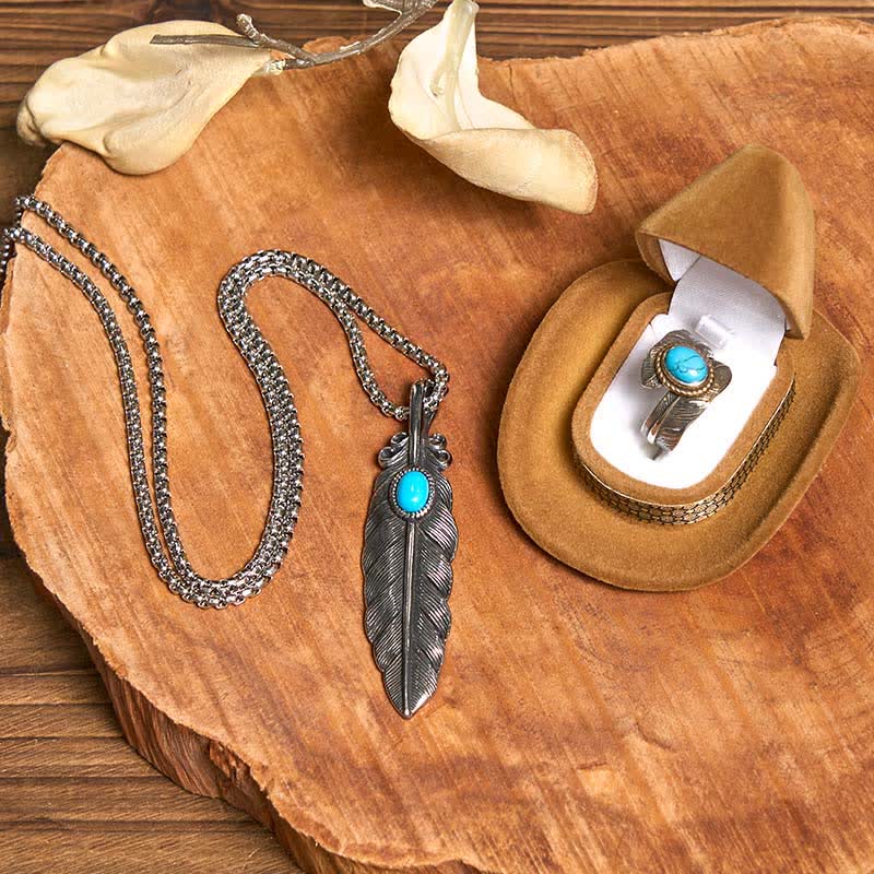 Angle Wing DIY Hidden Knife Belt Buckle Turquoise Feather Necklace Ring Bundle Set