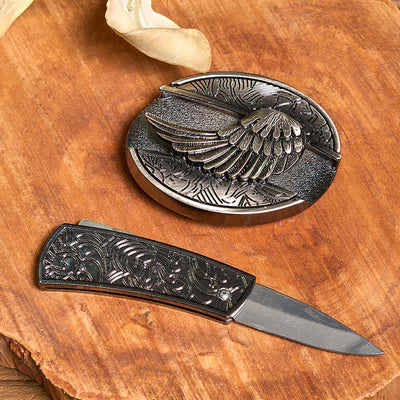 Angle Wing DIY Hidden Knife Belt Buckle Turquoise Feather Necklace Ring Bundle Set