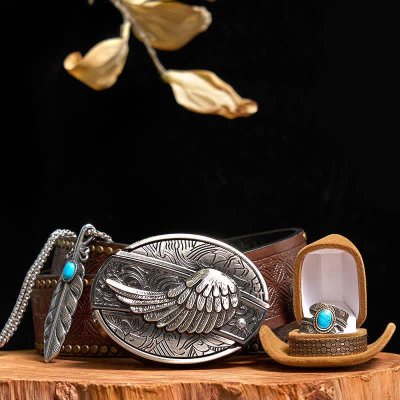 Angle Wing DIY Hidden Knife Belt Buckle Turquoise Feather Necklace Ring Bundle Set