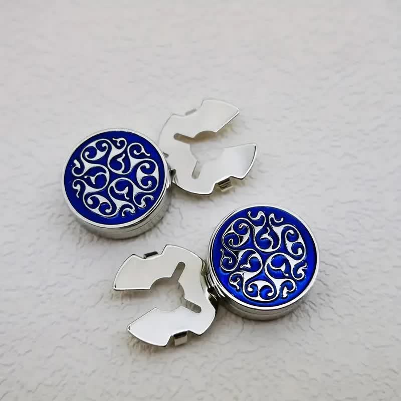 Men's 1 Pair Snap-On Blue Floral Button Covers Set Cufflinks