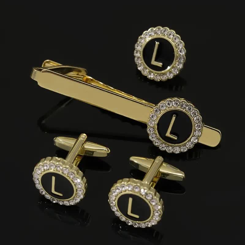 3Pcs Men's Gold 26 Capital Letters Tie Clip Brooch Cufflinks Set