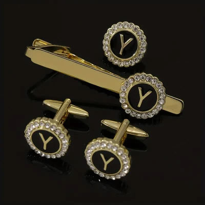 3Pcs Men's Gold 26 Capital Letters Tie Clip Brooch Cufflinks Set