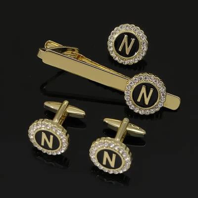 3Pcs Men's Gold 26 Capital Letters Tie Clip Brooch Cufflinks Set