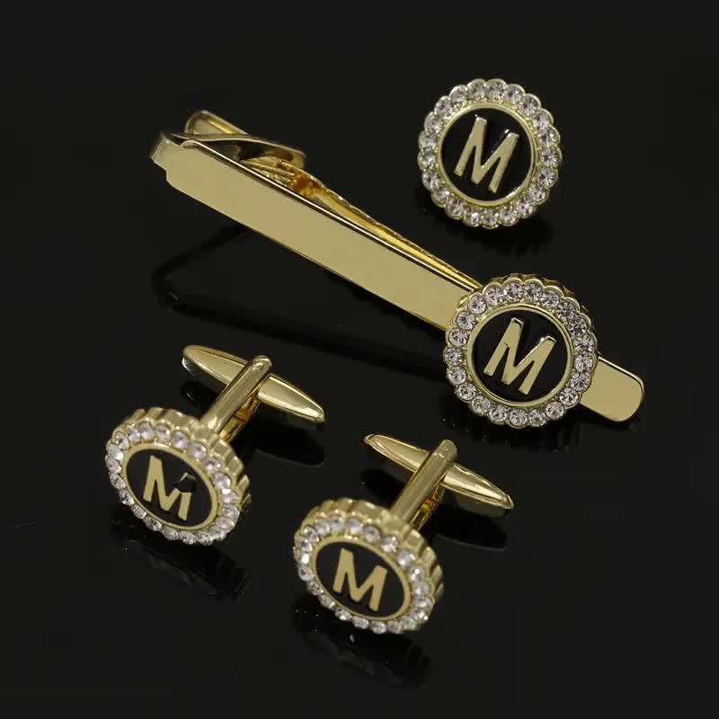 3Pcs Men's Gold 26 Capital Letters Tie Clip Brooch Cufflinks Set