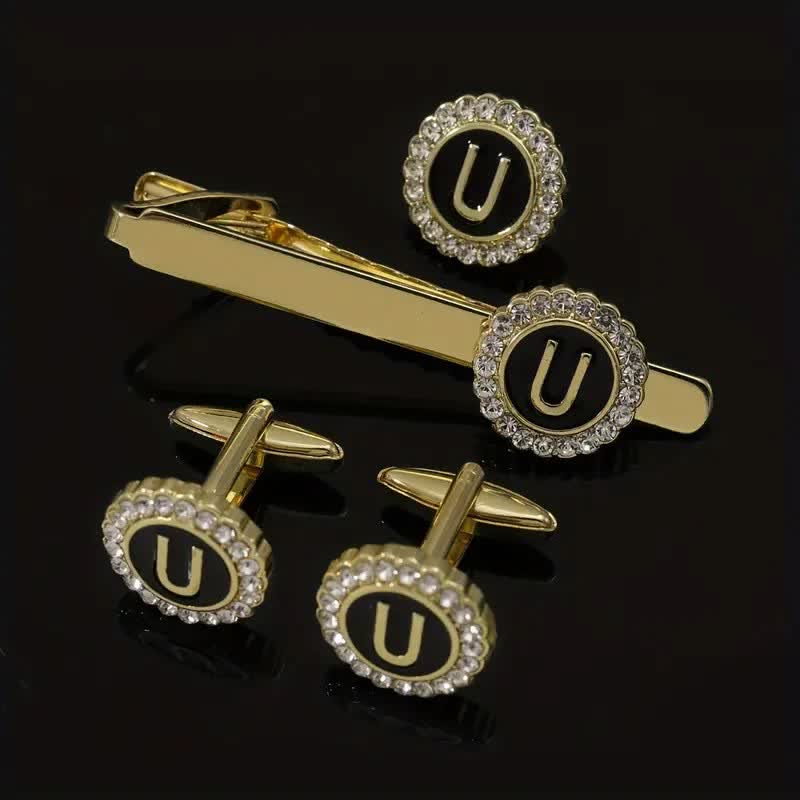 3Pcs Men's Gold 26 Capital Letters Tie Clip Brooch Cufflinks Set