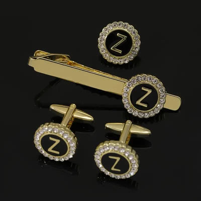 3Pcs Men's Gold 26 Capital Letters Tie Clip Brooch Cufflinks Set