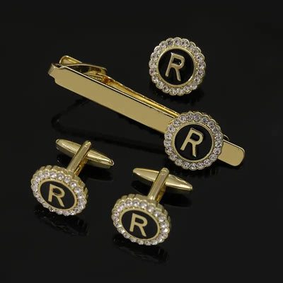 3Pcs Men's Gold 26 Capital Letters Tie Clip Brooch Cufflinks Set