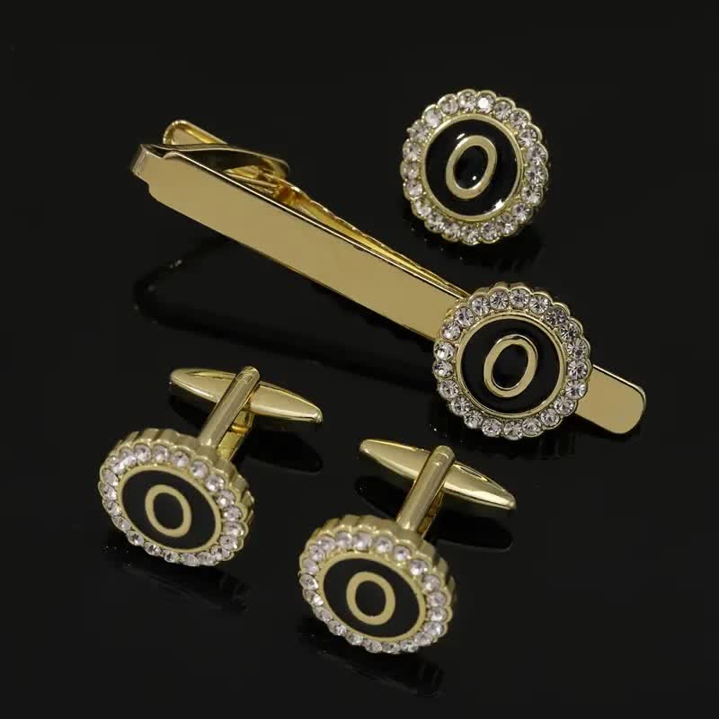 3Pcs Men's Gold 26 Capital Letters Tie Clip Brooch Cufflinks Set