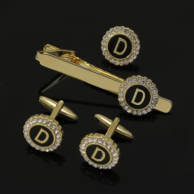 3Pcs Men's Gold 26 Capital Letters Tie Clip Brooch Cufflinks Set