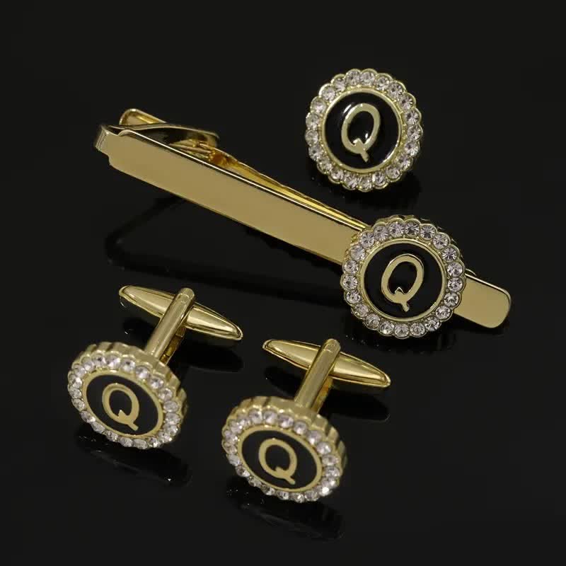 3Pcs Men's Gold 26 Capital Letters Tie Clip Brooch Cufflinks Set