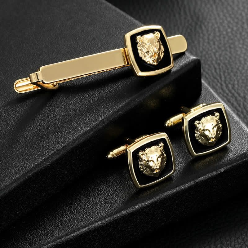 2Pcs Men's Black & Gold Tiger Shape Tie Clip Cufflinks Set