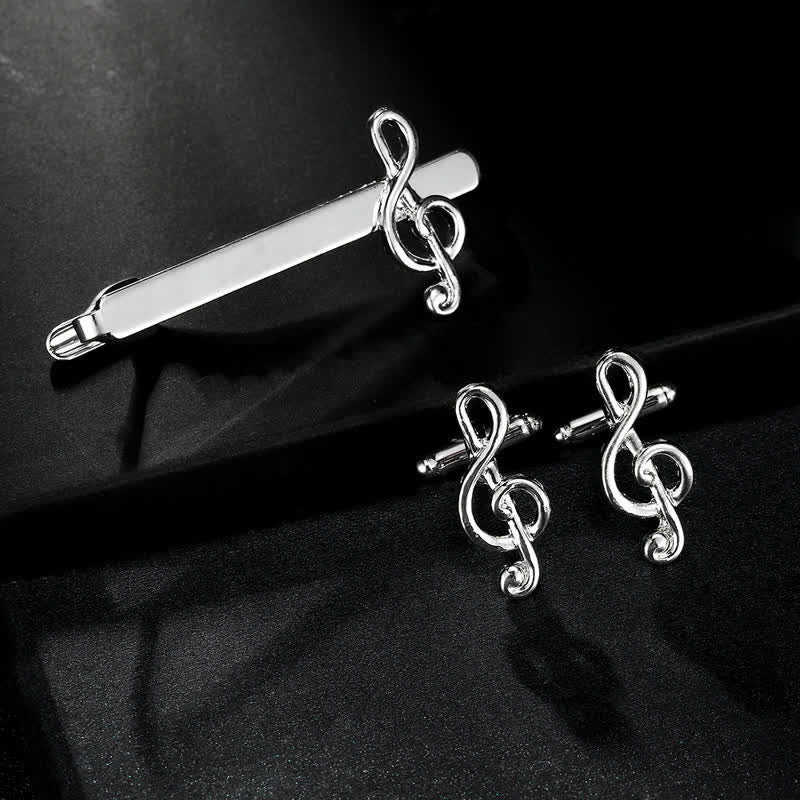 2Pcs Men's Silver Fashion Music Note Tie Clip Cufflinks Set