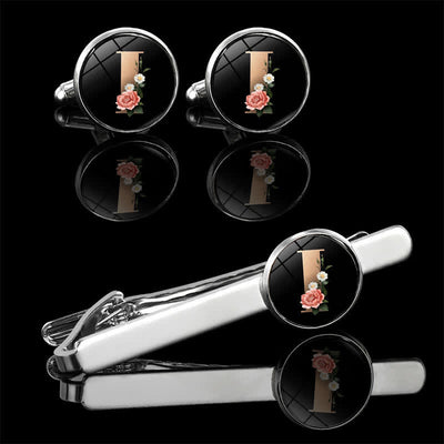 3Pcs Men's Flower 26 Capital Letters Tie Clip Brooch Cufflinks Set