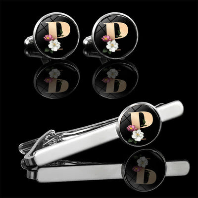 3Pcs Men's Flower 26 Capital Letters Tie Clip Brooch Cufflinks Set