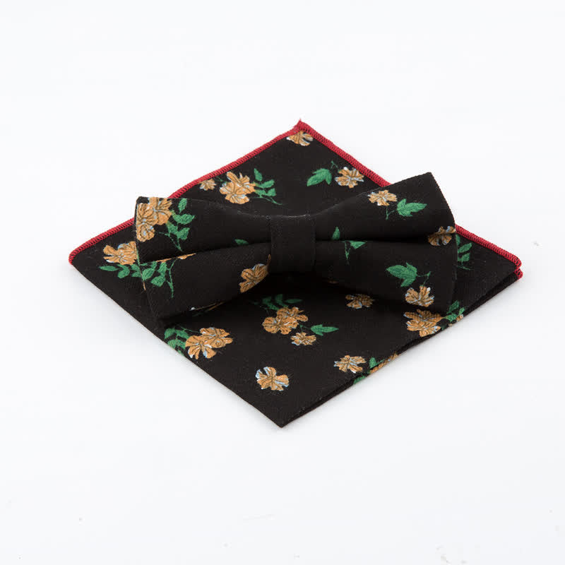 2Pcs Men's Flower Cotton Handkerchief Bow Tie Set