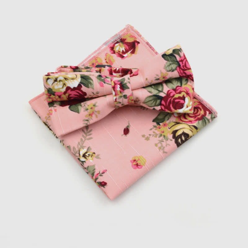 2Pcs Men's Paisley Flower Cotton Handkerchief Bow Tie Set