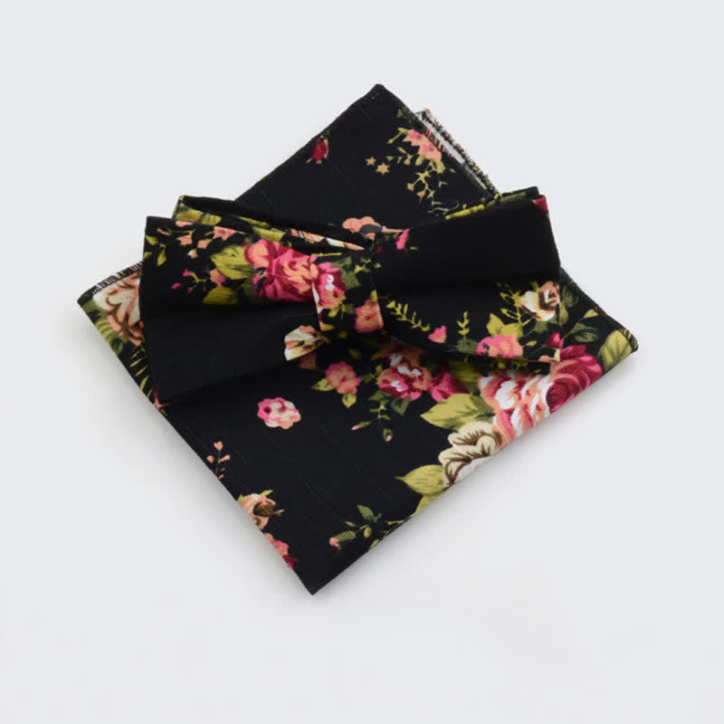 2Pcs Men's Paisley Flower Cotton Handkerchief Bow Tie Set