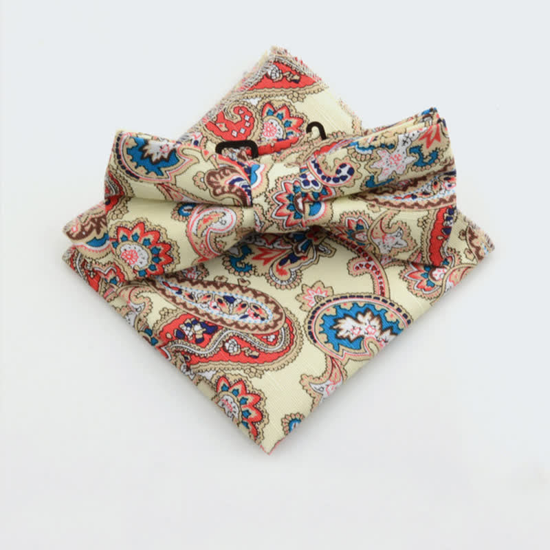 2Pcs Men's Paisley Flower Cotton Handkerchief Bow Tie Set