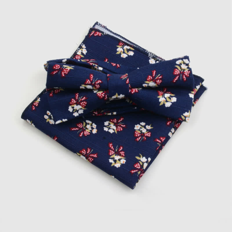 2Pcs Men's Paisley Flower Cotton Handkerchief Bow Tie Set