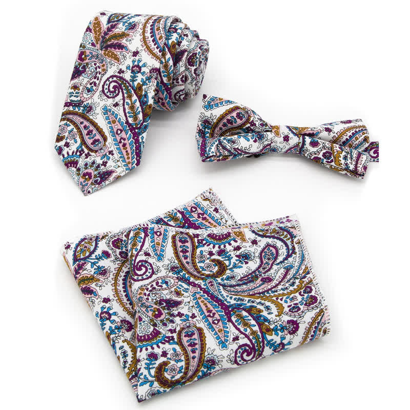 3Pcs Men's Flowers Paisley Cotton Bow Tie Necktie Set