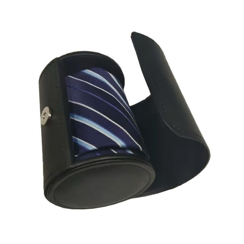 Black Round Necktie Box Magnetic Buckle Leather Case