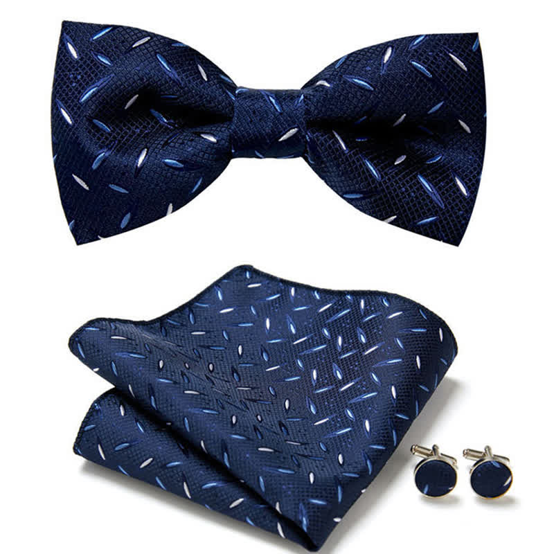 3Pcs Men's Navy Mini Stripe Pocket Square Cufflinks Bow Tie Set