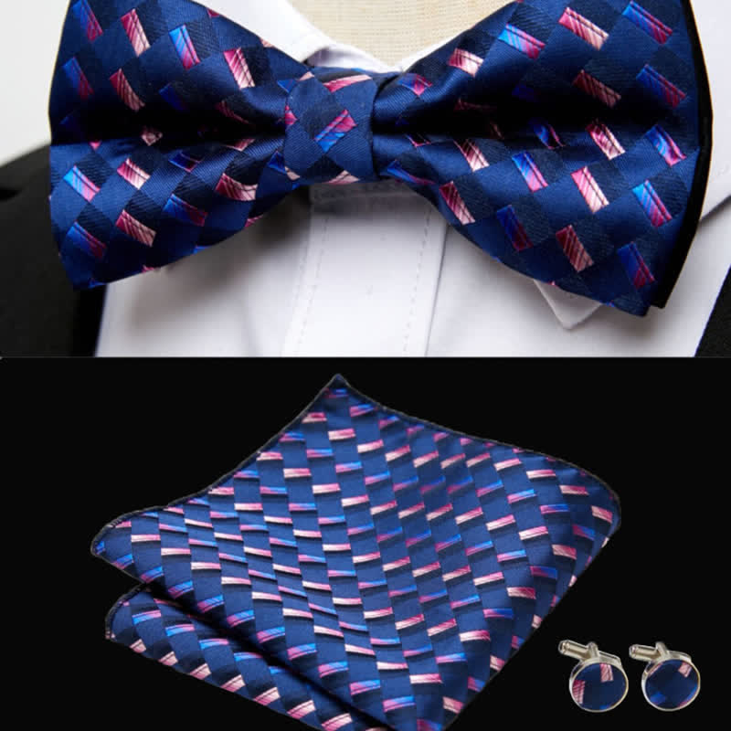 3Pcs Men's Navy Weave Pattern Pocket Square Cufflinks Bow Tie Set