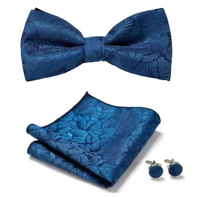 3Pcs Men's Blue Palm Leaves Pocket Square Cufflinks Bow Tie Set