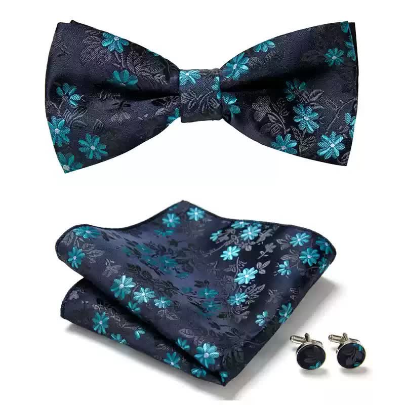 3Pcs Men's Midnight Blue Flowers Pocket Square Cufflinks Bow Tie Set