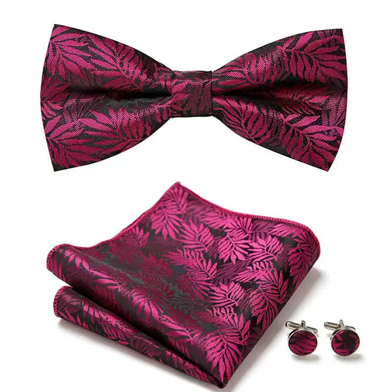 3Pcs Men's Fuchsia Leaves Pocket Square Cufflinks Bow Tie Set