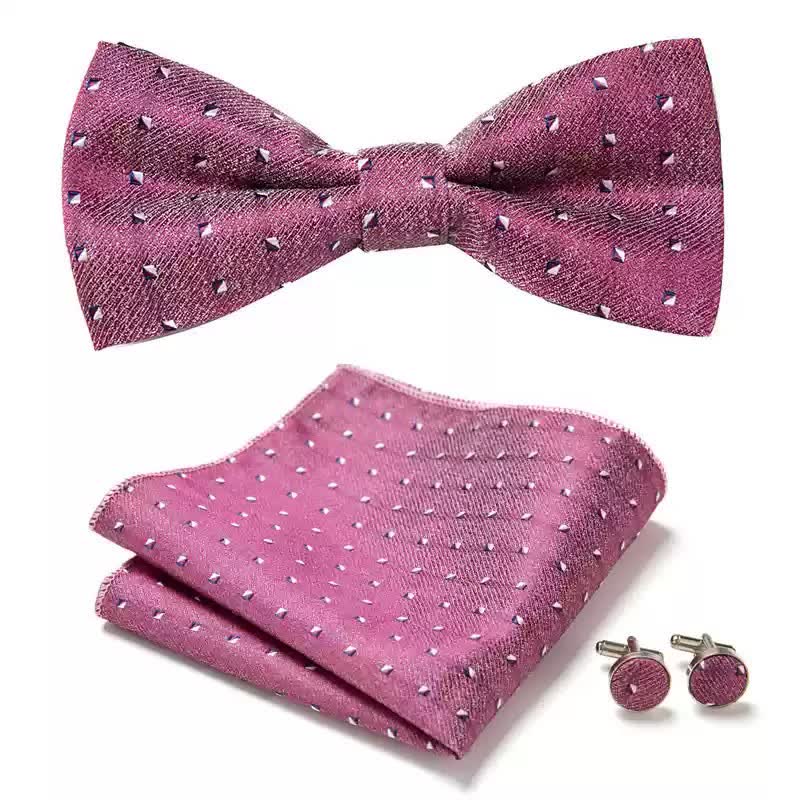 3Pcs Men's Pink Geometry Pocket Square Cufflinks Bow Tie Set