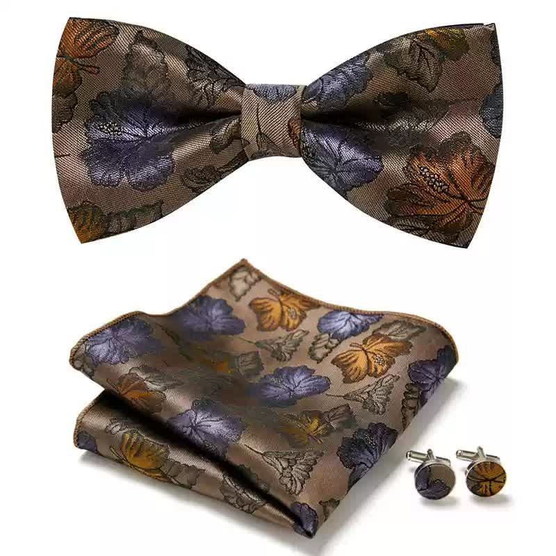 3Pcs Men's Falling Maple Leaves Pocket Square Cufflinks Bow Tie Set