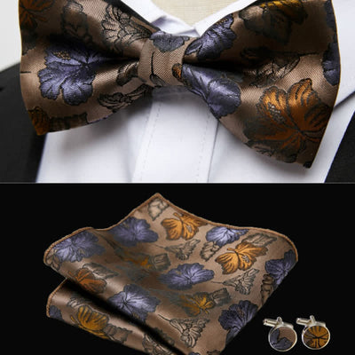 3Pcs Men's Falling Maple Leaves Pocket Square Cufflinks Bow Tie Set