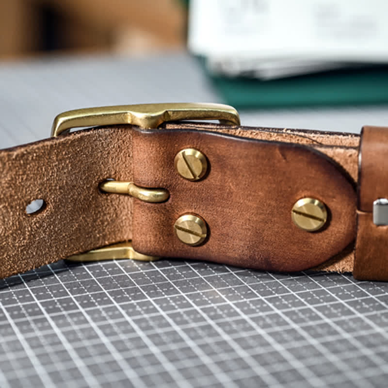 Casual Brass Buckle Hand-Made Distressed Leather Belt