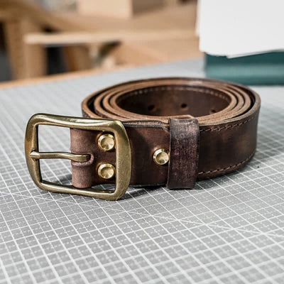 Retro Distressed Brass Buckle Hand-Made Stitching Leather Belt