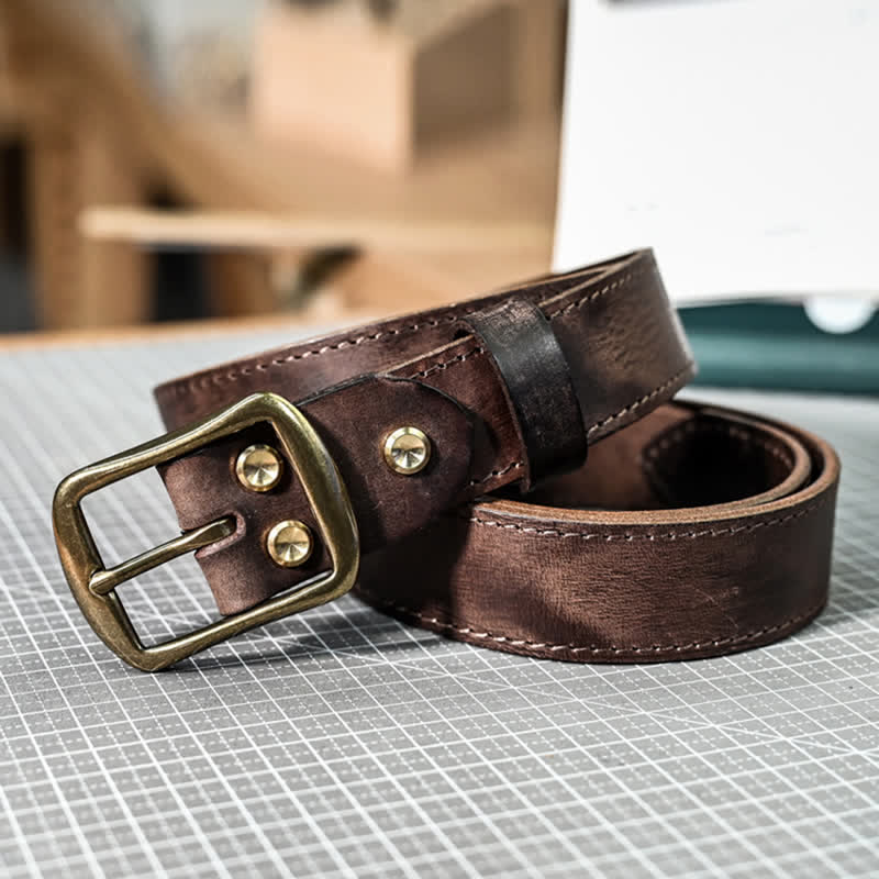 Retro Distressed Brass Buckle Hand-Made Stitching Leather Belt