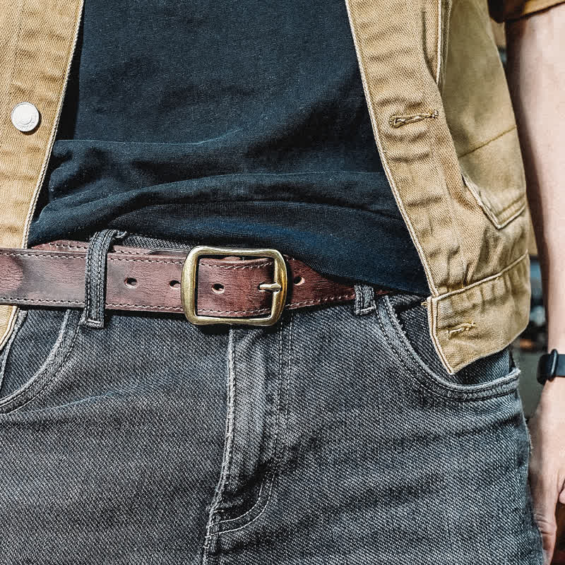 Retro Distressed Brass Buckle Hand-Made Stitching Leather Belt