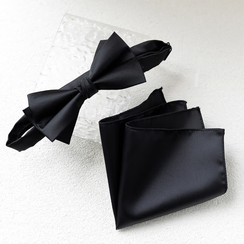 2Pcs Men's Elegant Flower Handkerchief Double Layered Bow Tie Set