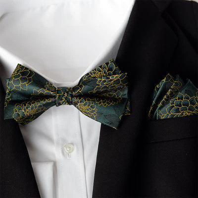 2Pcs Men's Elegant Flower Handkerchief Double Layered Bow Tie Set