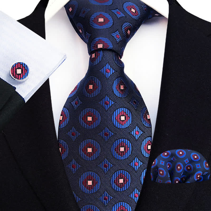 3Pcs Men's Navy & Maroon Geometric Necktie Set