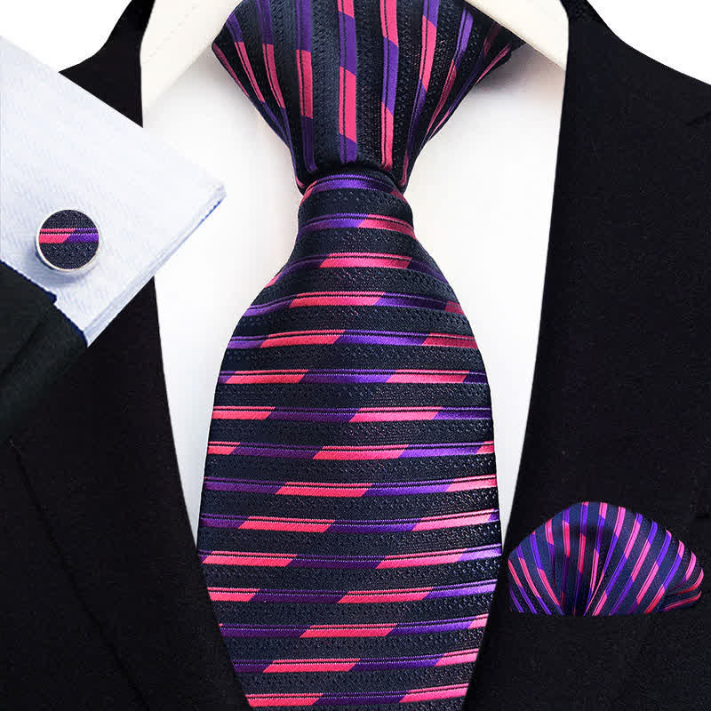 3Pcs Men's Royal Purple & Pink Strips Necktie Set