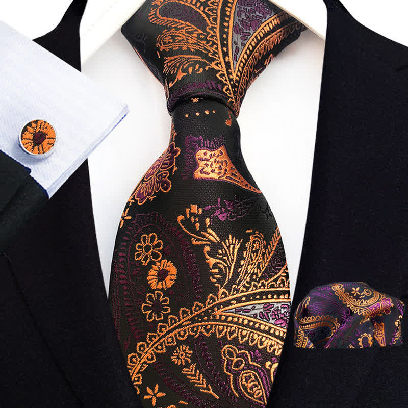 3Pcs Men's Orange Gold & Purple Paisley Flowers Necktie Set