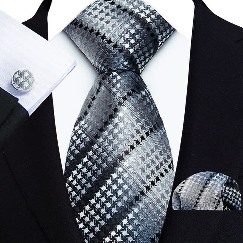 3Pcs Men's Cool Gray & Black Striped Necktie Set