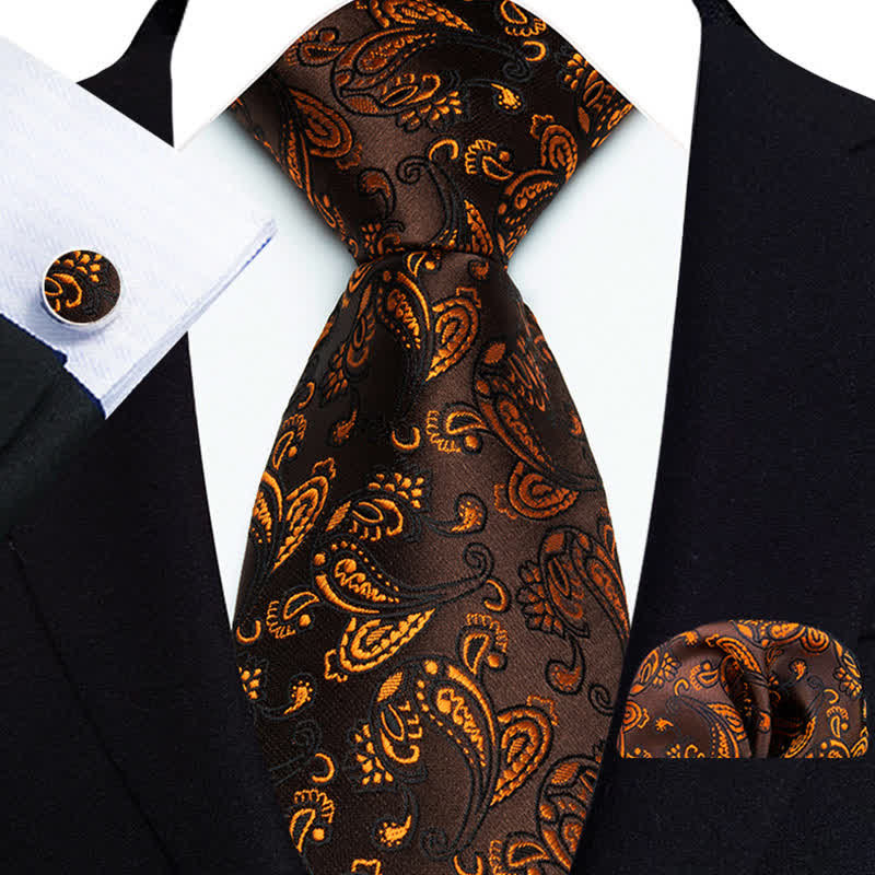 3Pcs Men's Brown Color Subtle Paisley Necktie Set