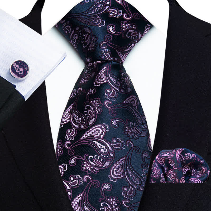 3Pcs Men's Purple & Navy Subtle Paisley Necktie Set