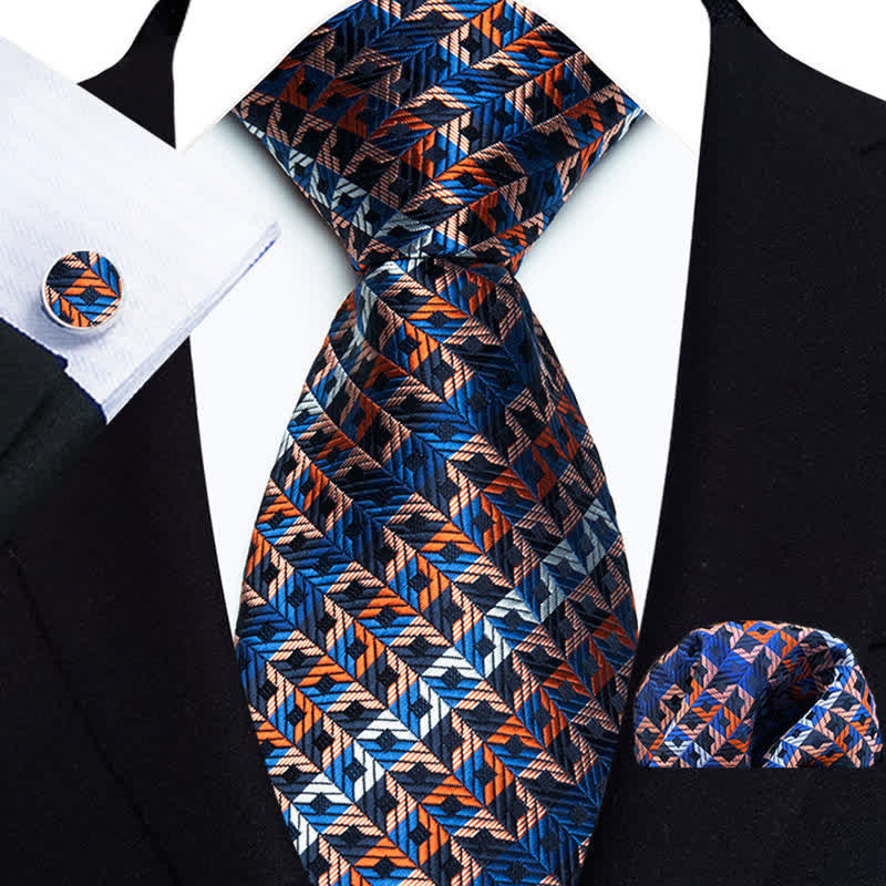 3Pcs Men's Blue & Orange Irregular Checked Striped Necktie Set