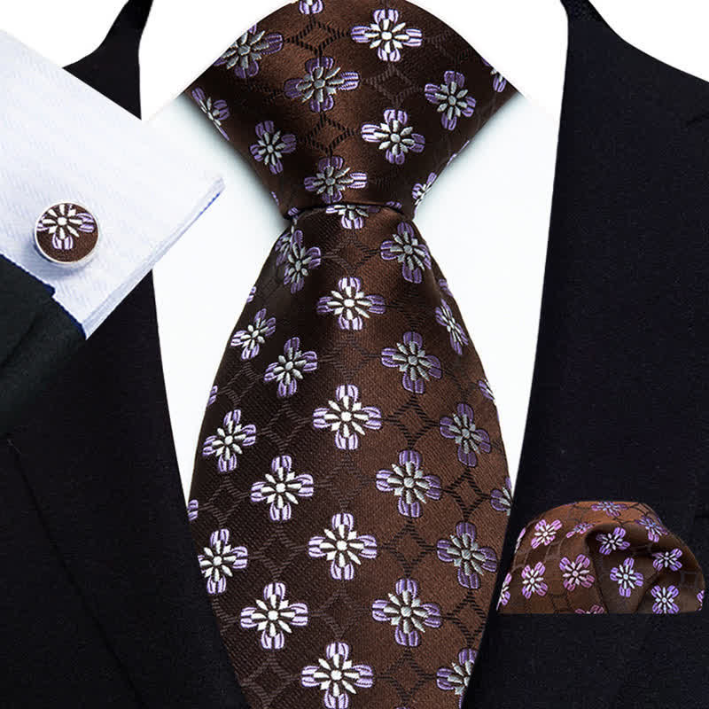 3Pcs Men's Coffee & Violet Neatly Floral Necktie Set