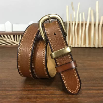 Women's Brass Buckle Double Stitching Narrow Leather Belt