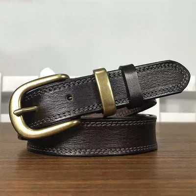 Women's Brass Buckle Double Stitching Narrow Leather Belt